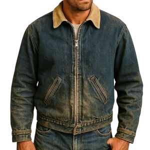 Vintage Roebucks Denim Jean Jacket Gray Flannel Lined Size XL Sears Cord Neck